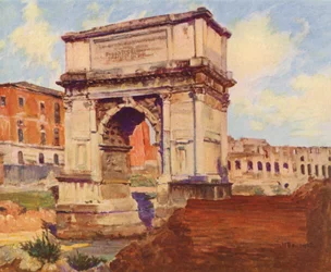 Roma: El Foro, El Arco de Tito, El Coliseo (litografía en color)