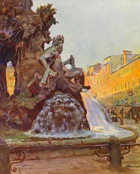 Roma: Plaza Navona, Fuente de Bernini (litografía en color)
