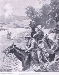 La carrera de McAdams hacia Zand Drift, de Después de Pretoria: La Guerra de Guerrillas publicado por Harmsworth Bros Limited, 1901