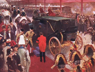 La llegada de Su Majestad la Reina Alexandra a la estación de Paddington con motivo del funeral de su difunta Majestad la Reina Victoria 2 de febrero de 1901, ilustración de la Historia de Inglaterra de Cassell, 1900s