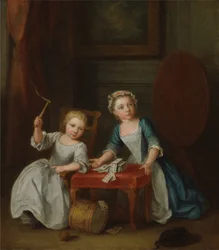 Dos niños de la familia Nollekens, probablemente Jacobus y Maria Sophia, jugando con un trompo y cartas, 1745