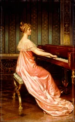 Dama elegante sentada en el piano-forte