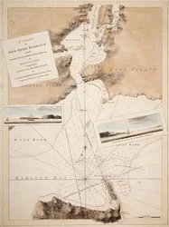 Una carta del puerto de Nueva York con las vistas de sondeos de las marcas de tierra y las direcciones náuticas para el uso de pilotaje. Compuesta a partir de estudios y observaciones de los tenientes de navío John Knight y John Hunter, entre otros.