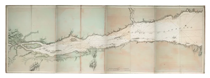 Carta del río San Lorenzo, costa atlántica norteamericana, hacia 1781 (grabado coloreado)