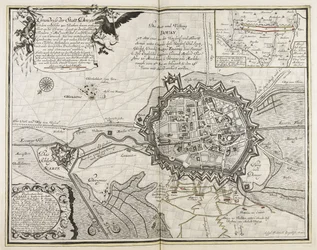 Contorno de la ciudad de Douay con el fuerte en el Escarpe, a unas 800 varas de ella, se encuentra en el condado de Flandes, a 7 millas de Rissel, 6 de Dornik y 6 de Camerich, tiene una bailía mediocre y está salpicada de muchas iglesias hermosas, cl