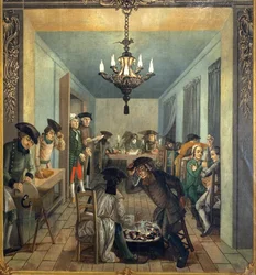 Taller de grabado. Cae la noche, el jefe y uno de sus hijos (?) comprueban el trabajo en los talleres, mientras dos obreros se calientan en un brasero. A la izquierda, un grabador afila sus herramientas en una rueda moldeada por un pedal. Otro prepara un g