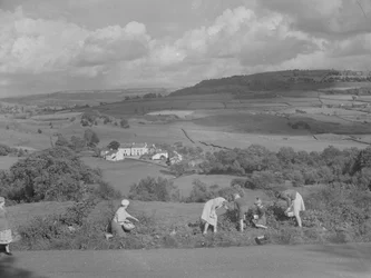 Niños y adultos recogiendo moras con vistas al valle de Winster.