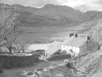 Granja (¿en los Langdales) con mujer y perros observando patos y edificios de la granja detrás