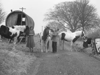 Furgoneta con aros en el arcén de la carretera con gitanos y caballos