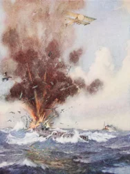 El comandante de escuadrón A.W. Bigsworth ataca con bombas un submarino alemán, que se llena de agua y se hunde frente a Ostende