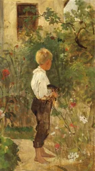 niño con un gato en el jardín