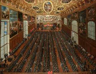 Interior de la Sala Maggior Consiglio, Palacio Ducal de Venecia, con patricios votando en un boletín para la elección de nuevos magistrados.