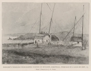 La estación telegráfica inalámbrica de Marconi en Mullion, Cornwall, destruida por un vendaval el 17 de septiembre