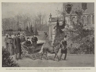 La visita de la Reina a la Emperatriz Frederick en Friedrichshof, la Emperatriz Frederick mostrando a Su Majestad los terrenos del castillo