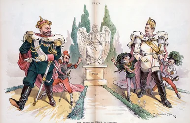 Alejandro III, etiquetado "Rusia", mirando a Guillermo II, etiquetado "Alemania".