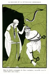 Mitología nórdica: Cantos de Edda, leyenda islandesa (cromolitografía)
