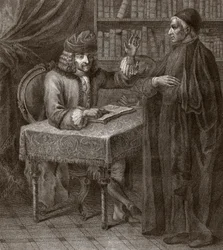 Voltaire y los religiosos - VOLTIER, Francois-Marie Arouet - con un clero. Voltaire y un sacerdote (Religión) - Grabado de Joseph Lante - 1764
