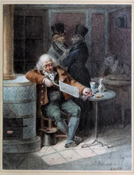 Lectura de la Gaceta: anciano dormido en un café leyendo el periódico 