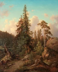 Paisaje forestal con mujer recogiendo leña
