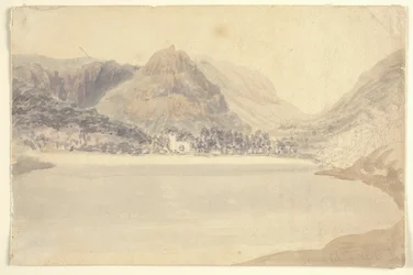 Lago e iglesia de Grassmere (acuarela sobre lápiz sobre papel)