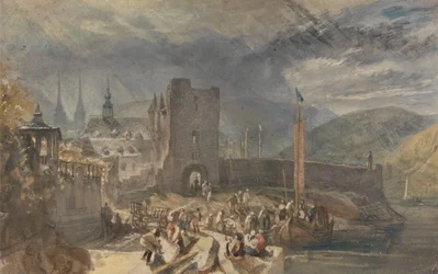 Vista de Boppart, con figuras en la orilla del río