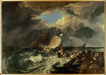 Muelle de Calais, con pescadores franceses preparándose para hacerse a la mar: Un paquete inglés llegando ... (pintura sobre lienzo)