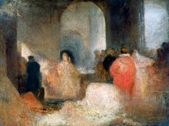 Cena en una gran sala con figuras en traje, c. 1830-1835