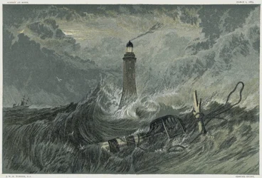 Faro de Eddystone, construido en la roca Eddystone por el ingeniero civil inglés John Smeaton entre 1757 y 1759. Cromolitografía de JMW Turner