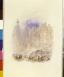 Fontainebleau: La partida de Napoleón (acuarela reforzada con pluma y tinta roja sobre papel blanco)