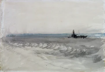 Mar gris, barco llegando a la orilla