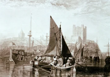 Barcaza del Támesis que transporta heno, un barco prisión y otros cargamentos en Rochester, en el río Medway