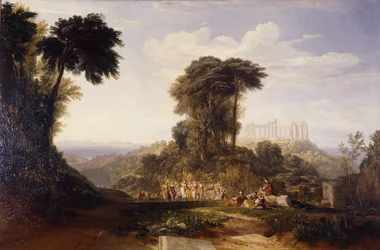 Vista del templo de Júpiter Panhelenio en la isla de Egina, con la danza nacional griega de la Romaika: la Acrópolis de Atenas a lo lejos