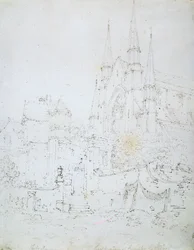 Ventana oeste de la catedral de Worcester (lápiz sobre papel blanco)