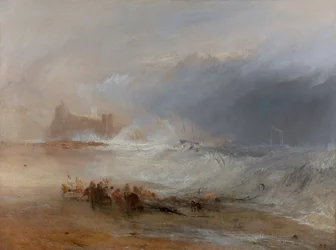 Náufragos -- Costa de Northumberland, con un barco de vapor que asiste a un buque frente a la costa
