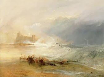 Saqueadores de naufragios - costa de Northumberland, con un barco de vapor que auxilia a un buque mar adentro, 1834