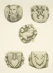 Cinco piedras de bóveda en el techo al entrar por la puerta norte de la Catedral de Bristol