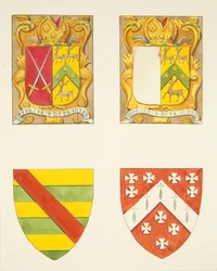 Cuatro escudos de armas - dos en una ventana cerca del campanario, catedral de Bristol