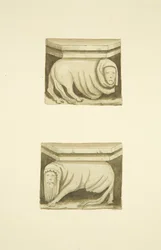 Cuatro trabes en el pórtico norte (originalmente soportando estatuas) de St Mary Redcliffe