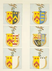 Seis escudos de armas en vitrales en las naves norte y sur (extremo este) de la Catedral de Bristol