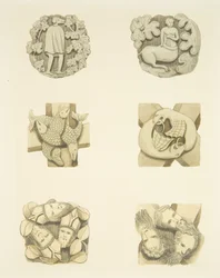Seis piedras de bóveda en el techo al entrar por la puerta norte de la Catedral de Bristol