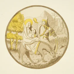 Vitral en la ventana de la capilla privada del Palacio del Obispo: La Huida a Egipto