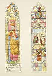 Dos vitrales formando la ventana del altar de San Marcos, uno de San Tomás