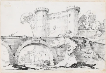 Un puente de piedra y la entrada fortificada a una ciudad