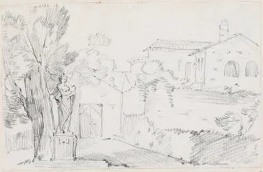 Esquina de un jardín italiano con una iglesia al fondo