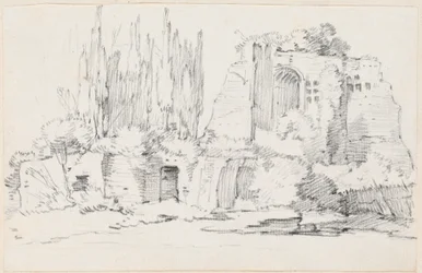 Ruinas romanas con un grupo de cipreses