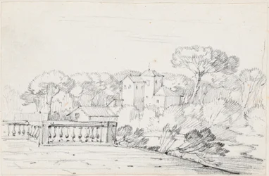 Terraza junto a un río con una villa y árboles al fondo