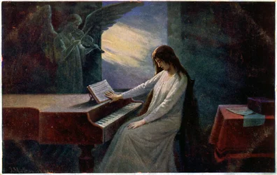 La música. El último acorde. Moribunda al piano. Ilustración de Josef Mathauser, República Checa, c.1910 (tarjeta postal)