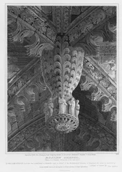 Capilla de Roslyn, vista de un colgante y nervaduras en el extremo este, grabado por S. Noble, 1810