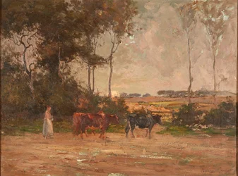 Pastoreo de ganado al atardecer ( óleo sobre lienzo)