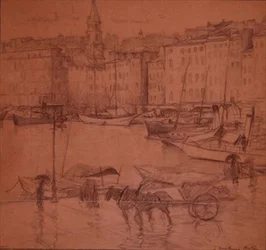 Escena del puerto, día de lluvia (lápiz)